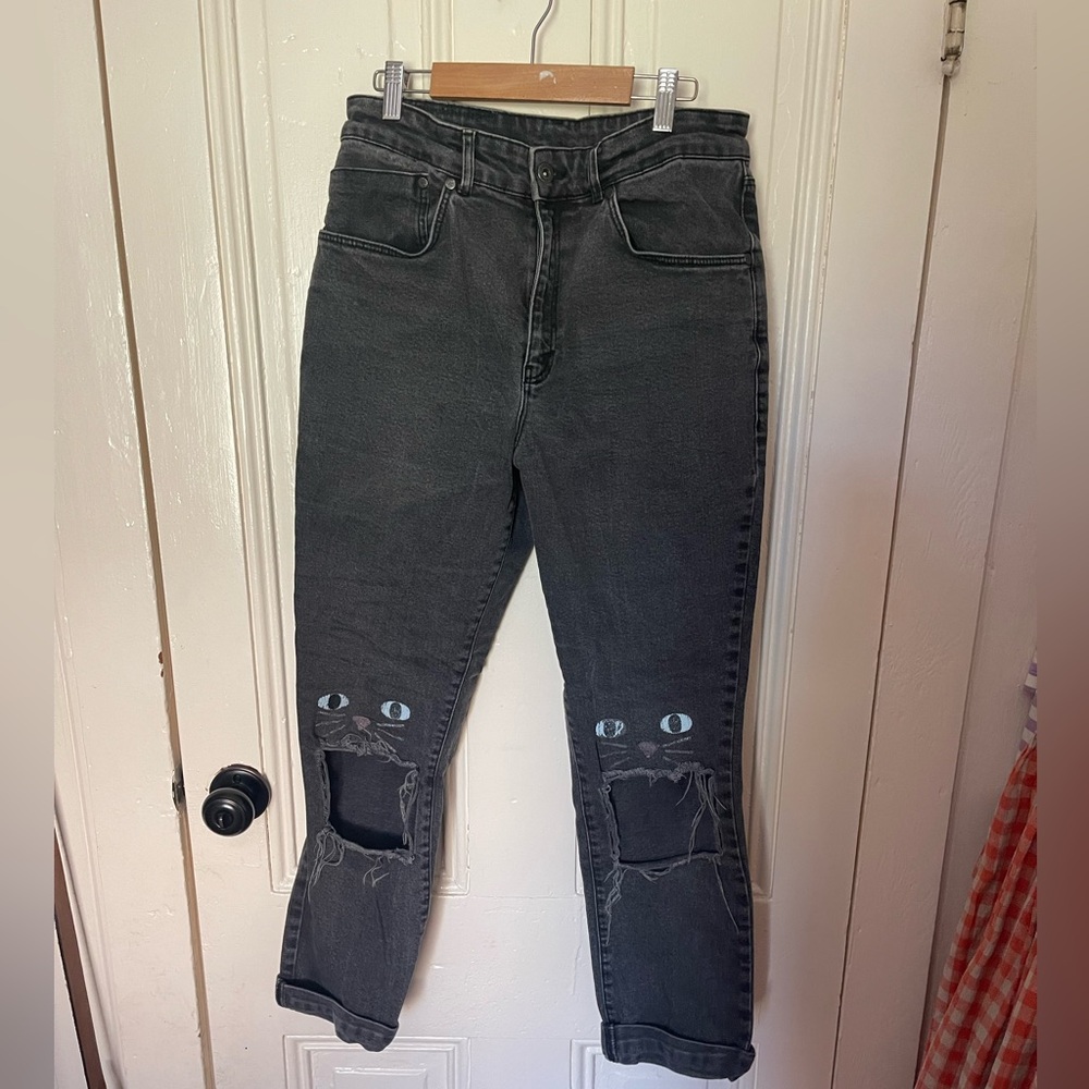 Lazy Oaf x The Ragged Priest black denim. With kitties over the knee holes.